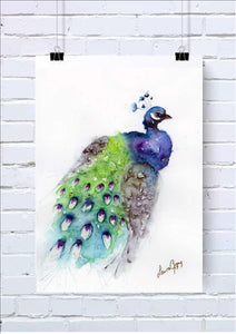 Peacock Watercolour Wall Art Print