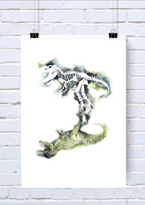 T-Rex Dinosaur Reflection Watercolour Wall Art Print