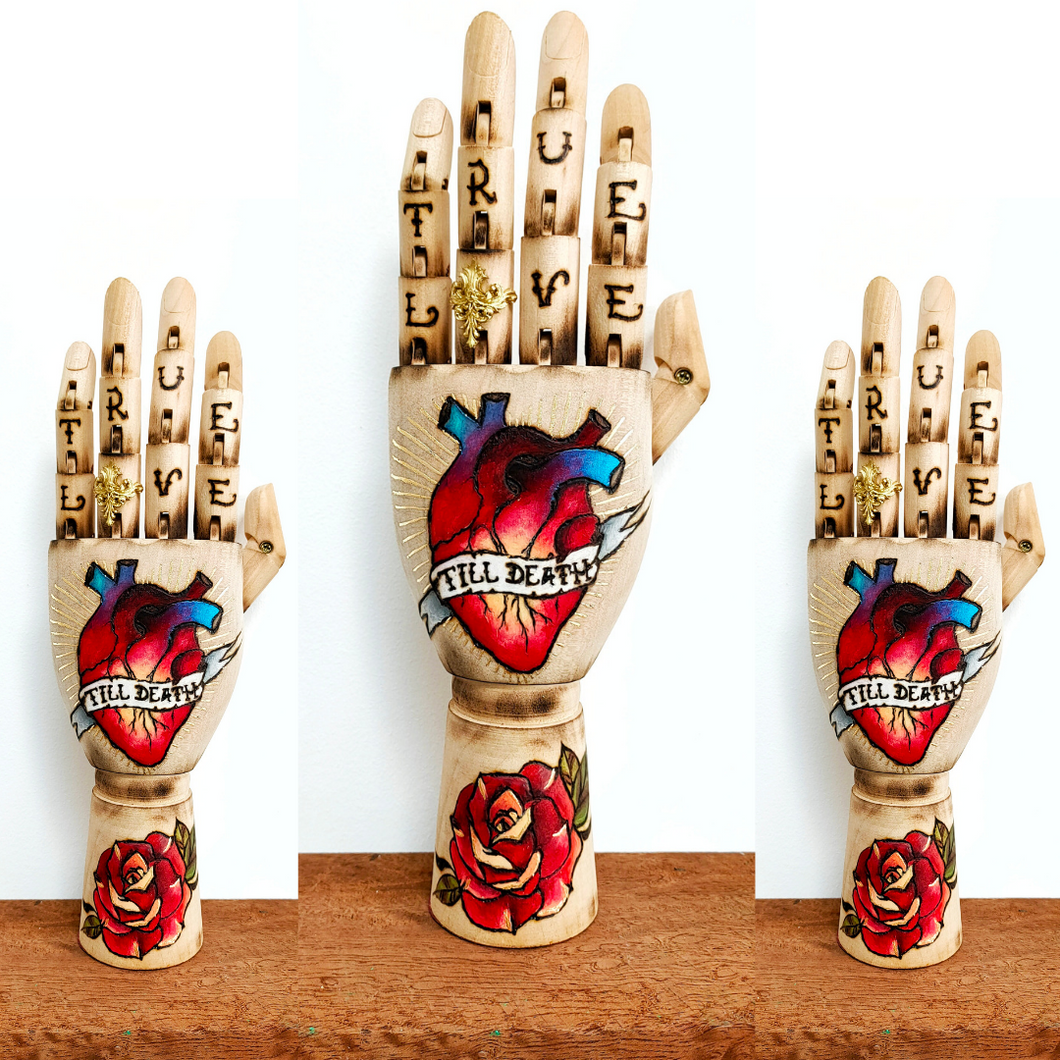 Till Death Anatomical Heart Tattooed Wooden Hand