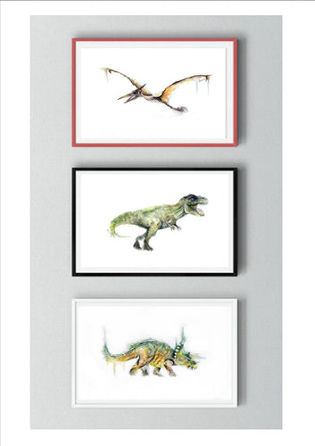 Dinosaur art print set, T-Rex, Triceratops and Pterodactyl, watercolour extinct animals