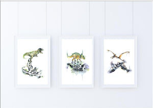 Dinosaur skeleton art print set of 3, T-Rex, Triceratops and Pterodactyl