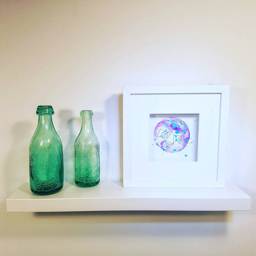 Geometric abstract circle wall art, mixed media watercolour and sewn planet, home decor, silver accent, alternative contemporary painting