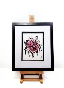 Rose art home decor original watercolour painting, mixed media with paper cut flower, gothic gift, tattoo art, paper anniversary alternative