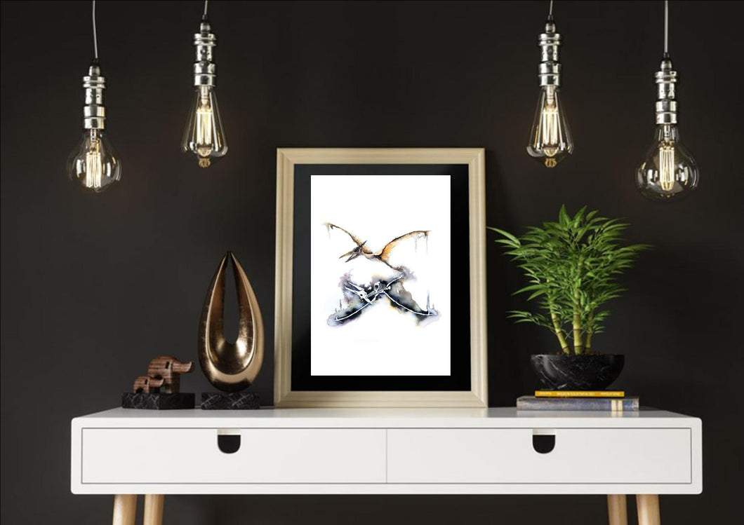 Pterodactyl Dinosaur Reflection Watercolour Wall Art Print