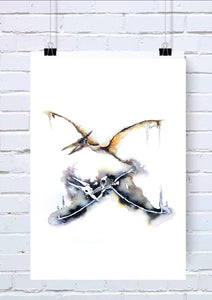 Pterodactyl Dinosaur Reflection Watercolour Wall Art Print