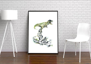 T-Rex Dinosaur Reflection Watercolour Wall Art Print