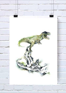 T-Rex Dinosaur Reflection Watercolour Wall Art Print