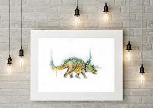 Triceratops art print, dinosaur watercolour painting,