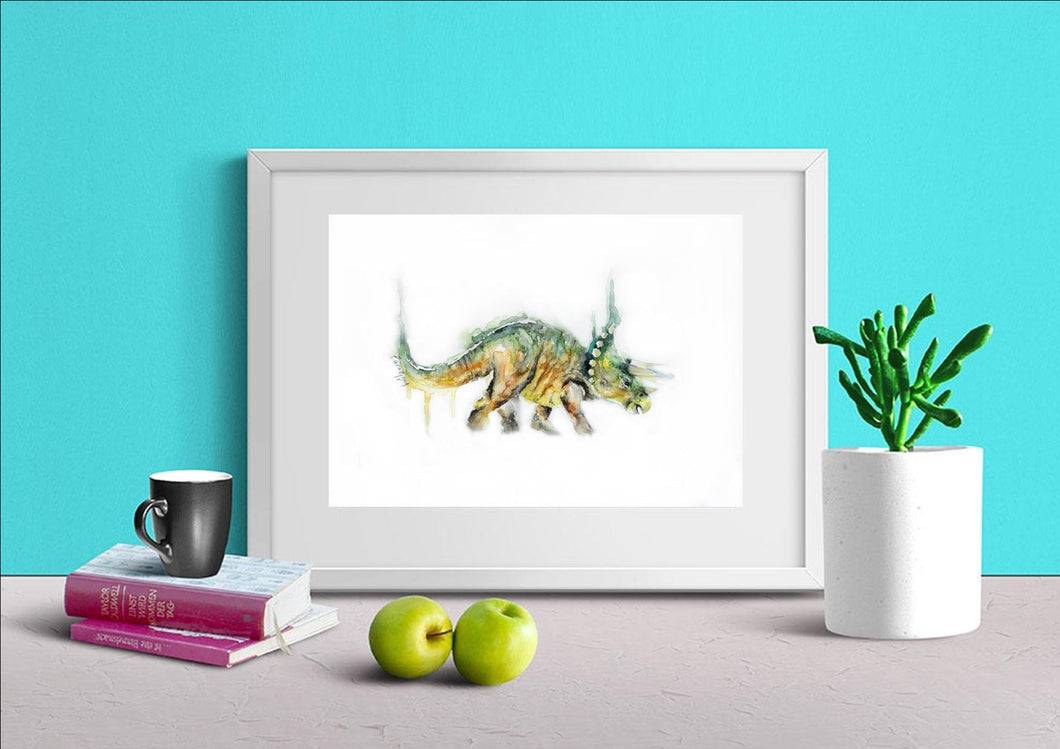Triceratops art print, dinosaur watercolour painting,